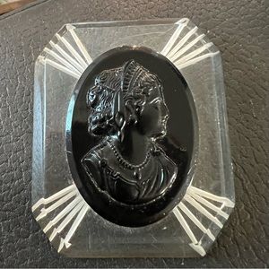 Large clear hatch, crystal and black Cameo Square brooch